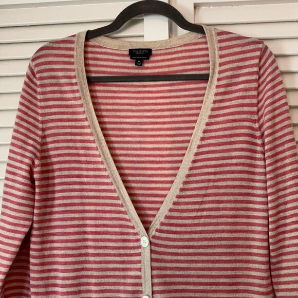 Talbots cardigan sweater long v-neck striped pink merino wool medium - Picture 3 of 7